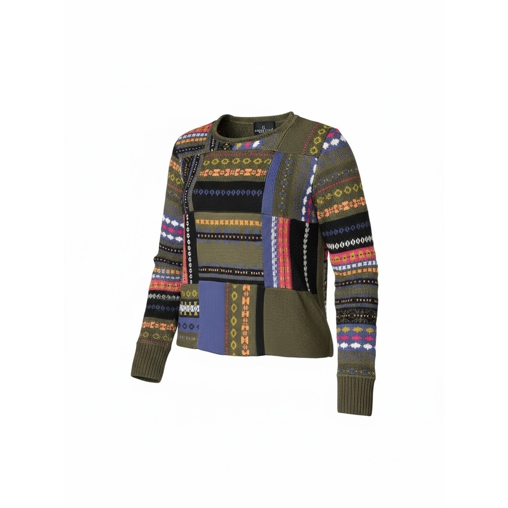 Carole Little Sport Womens Patchwork Fair Isle Knit Sweater Olive Green Small